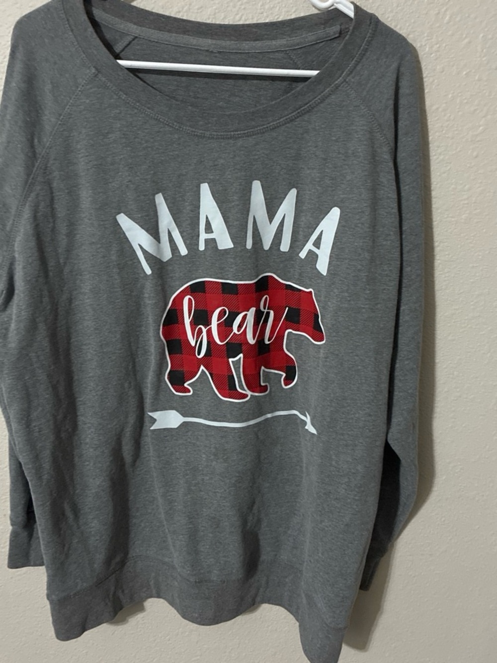 Women’s  "Mama Bear" Long-Sleeve Grey Top with Red Plaid Accent